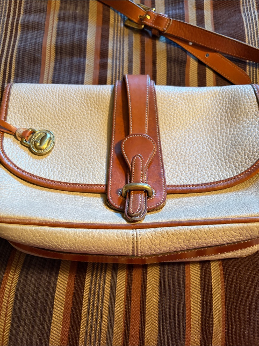 Vintage Dooney and Burke. Leather Trim Cream Crossbody Bag with Tan Accents